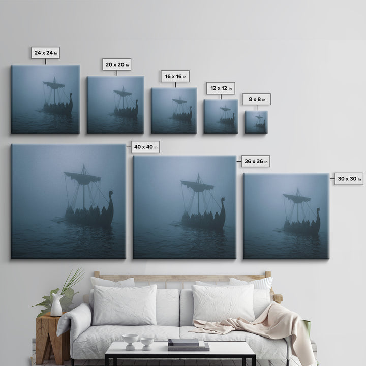 Foggy Viking Longship Wall Art, Nautical Fantasy Canvas Print, Moody Seascape, Nordic Decor, Rustic Coastal Gift For Him