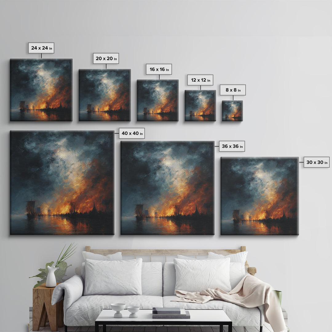 Burning Harbor Ships At Night Wall Art, Moody Seascape Painting, Dramatic Ocean Canvas Art, Dark Coastal Living Room Decor