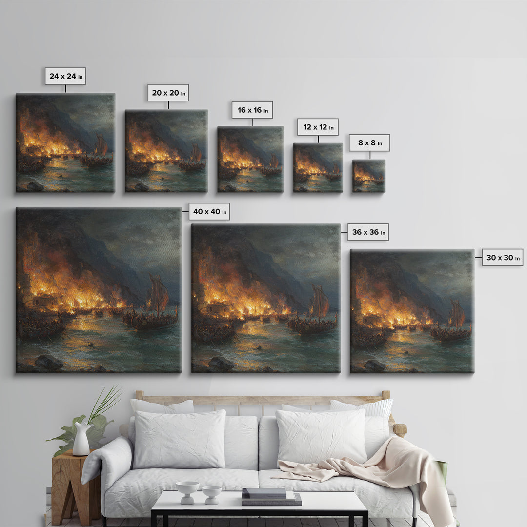 Burning Harbor With Viking Longships Framed Canvas Print, Seascape Art, Historical Wall Art, Dark Nautical Decor, Man Cave Decor
