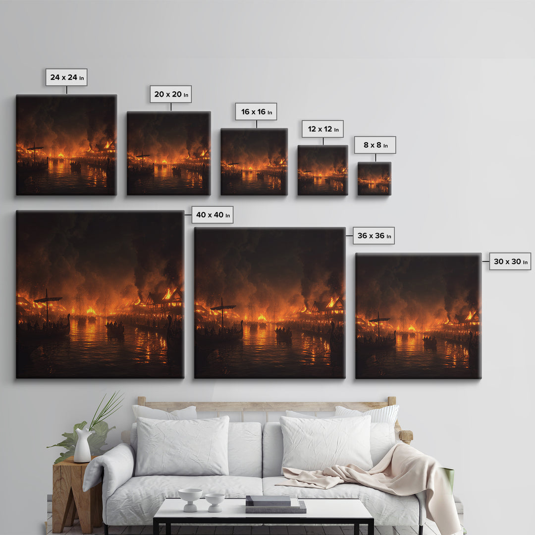 Burning Medieval Harbor And Viking Ships Wall Art, Dark Fantasy Fire Painting, Dramatic Historical Canvas Home Decor, Luxury Wall Decor