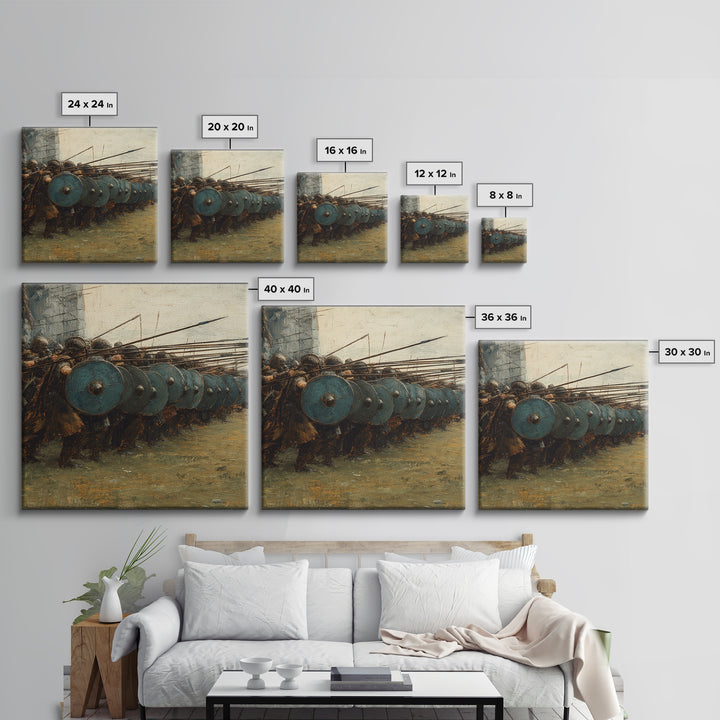 Ancient Shield Wall Soldiers Canvas Print, Greek Battle Formation Oil Painting, Masculine Wall Art For Office Decor Gift
