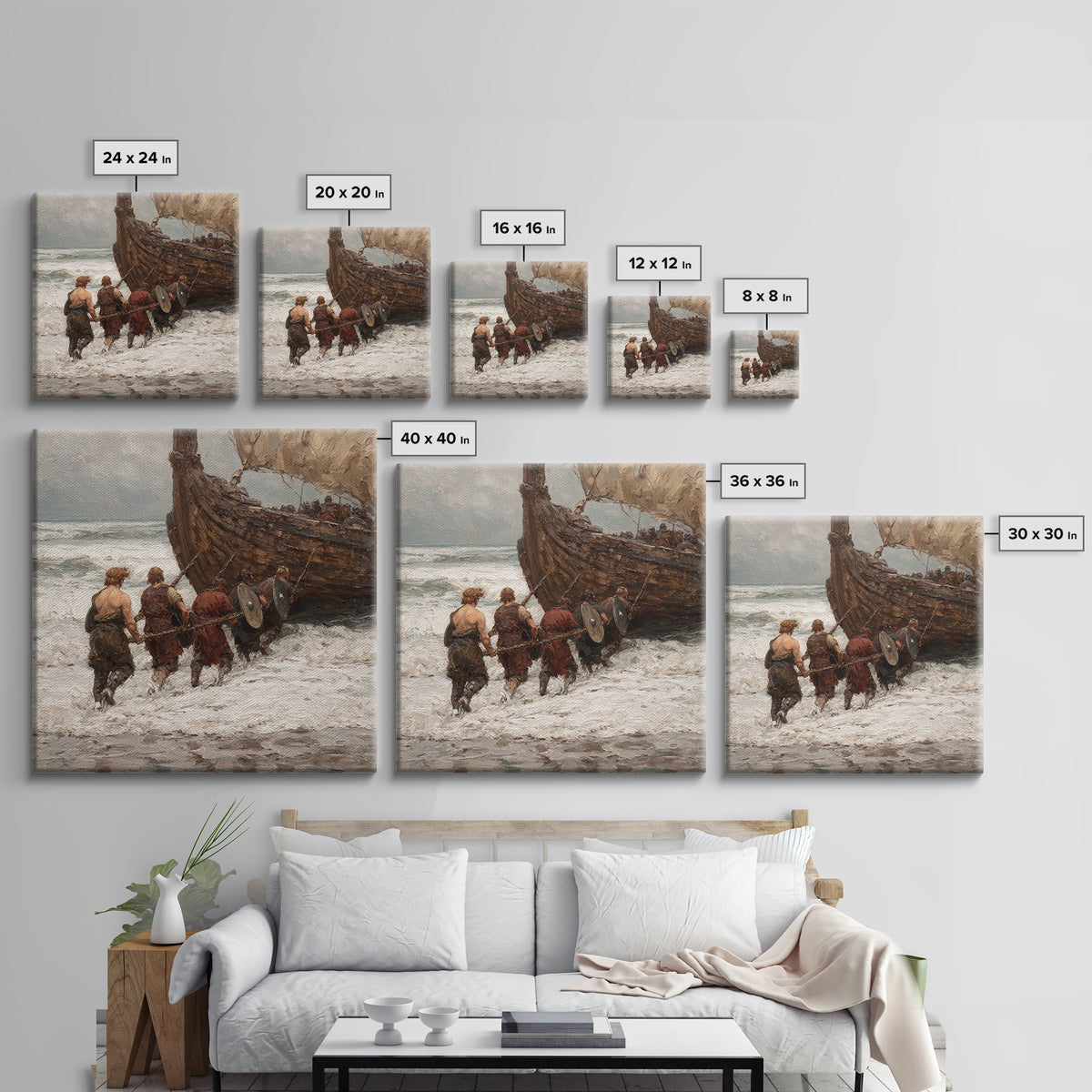 Viking Longship Landing On Stormy Shore Canvas Print, Norse Seascape Oil Painting, Nautical Coastal Wall Decor For Living Room