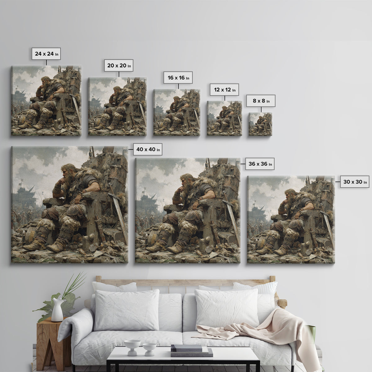 Viking Chieftain On Ruined Throne Framed Canvas Print, Norse Warrior Oil Painting, Rustic Medieval Wall Decor, Gift For Him