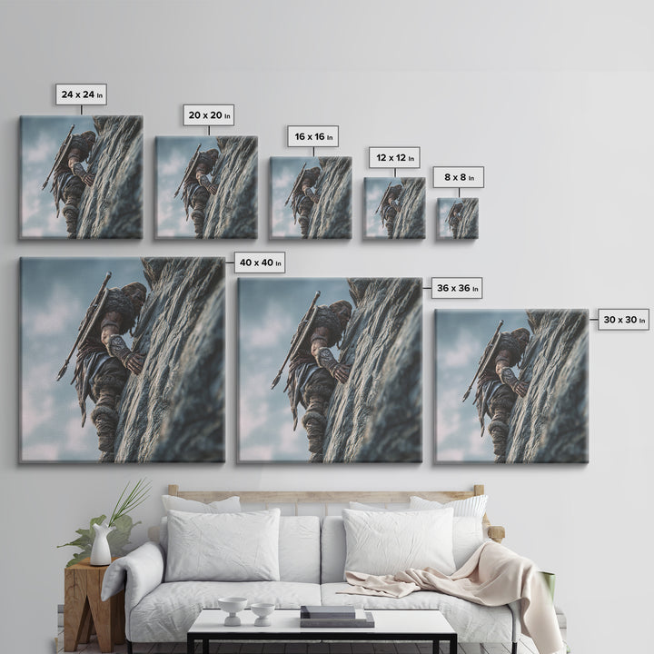Viking Cliff Climber Warrior Wall Art, Norse Fantasy Canvas Print, Adventure Decor, Mountain Artwork, Gift For Him, Rustic Home Decor
