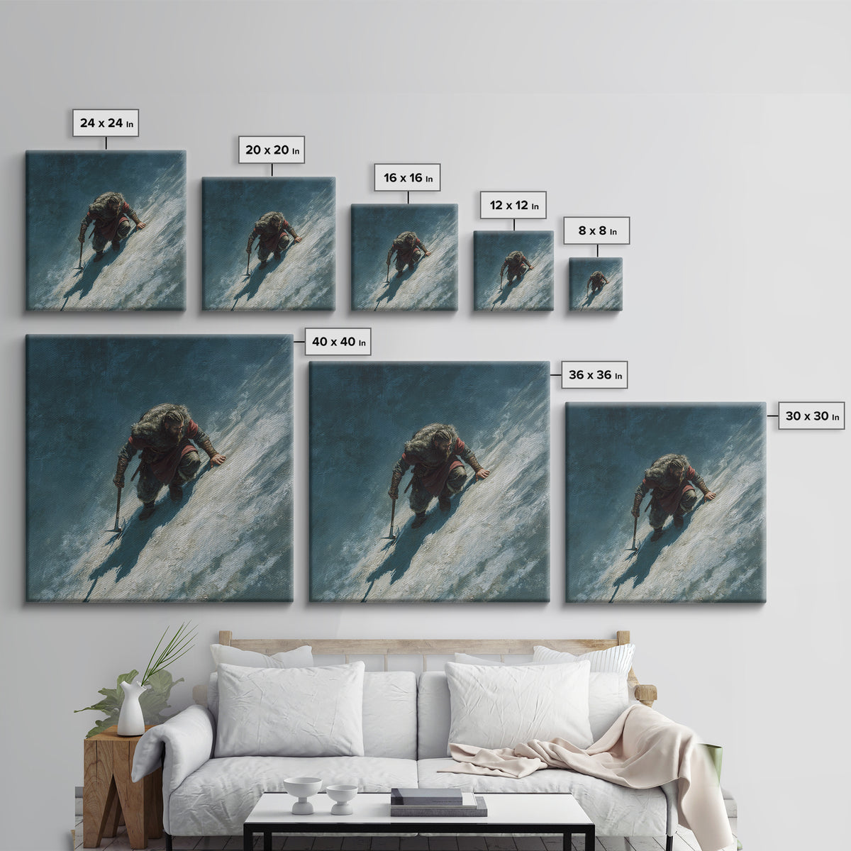 Lone Viking Climbing Icy Mountain Wall Art, Nordic Warrior Oil Painting, Dark Adventure Landscape Office Decor Gift For Him