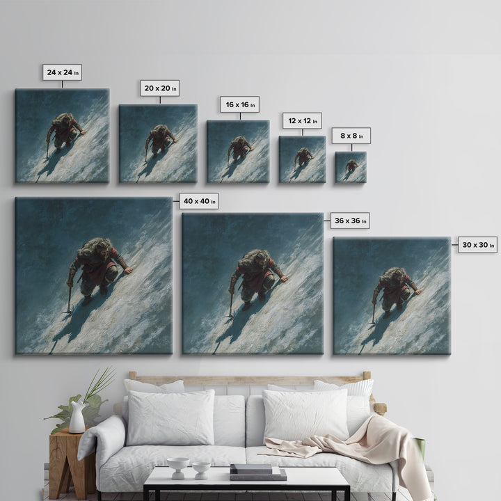 Lone Viking Climbing Icy Mountain Wall Art, Nordic Warrior Oil Painting, Dark Adventure Landscape Office Decor Gift For Him