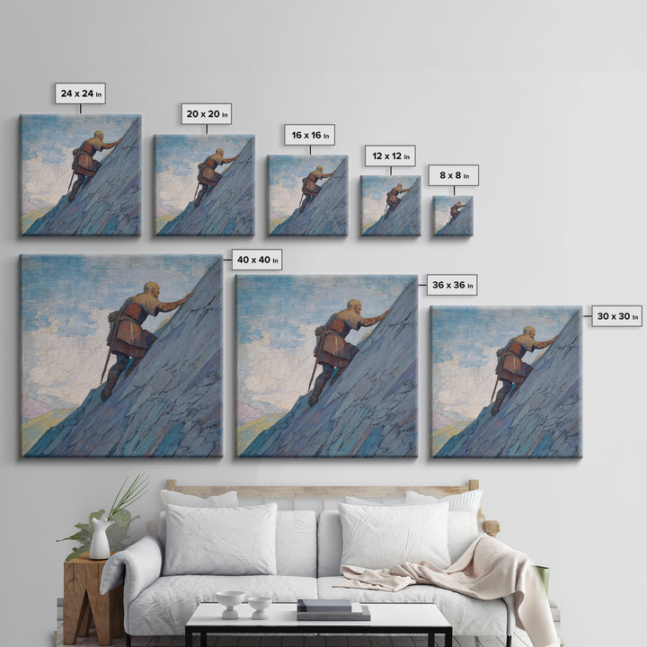 Lone Viking Climbing Icy Mountain Canvas Print, Fantasy Adventure Landscape Art, Nordic Wall Decor, Motivational Office Art