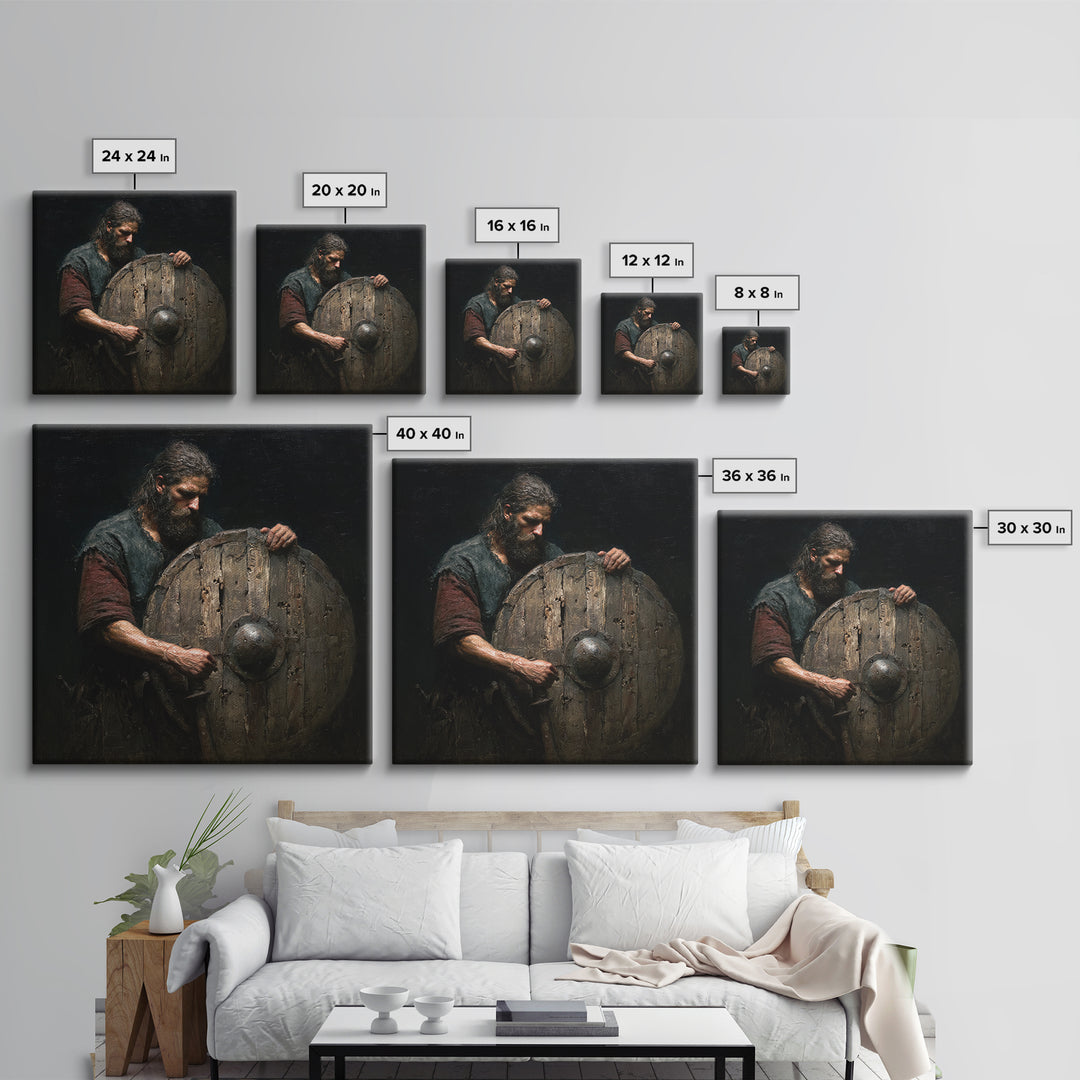 Bearded Warrior Holding Weathered Wooden Shield Canvas Print, Rustic Wall Art, Viking Art, Dark Academia Decor, Gift For Him