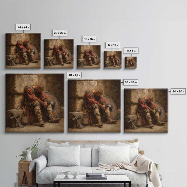 Exhausted Viking Warrior Wall Art, Medieval Shield And Axe Painting, Rustic Historical Canvas Print For Man Cave And Office Decor