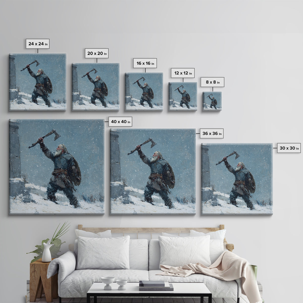 Snowy Viking Warrior Raising Axe Canvas Print, Norse Wall Art, Winter Landscape Art, Rustic Home Decor, Gift For Him, Cabin Decor