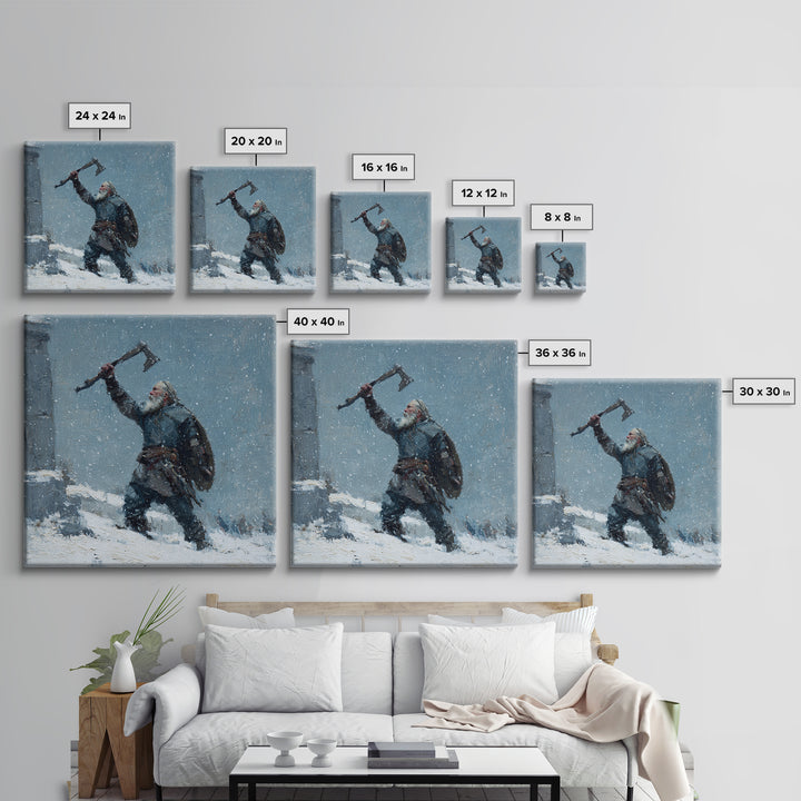 Snowy Viking Warrior Raising Axe Canvas Print, Norse Wall Art, Winter Landscape Art, Rustic Home Decor, Gift For Him, Cabin Decor
