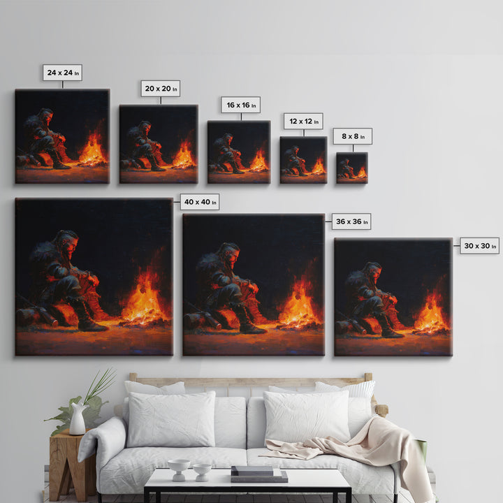 Viking Warrior Beside Fire Framed Canvas Print, Dark Fantasy Art, Nordic Wall Decor, Masculine Man Cave Office Decor Gift For Him