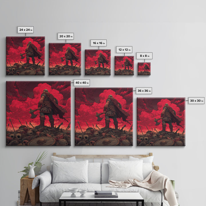 Viking Warrior On Skull Battlefield, Red Apocalypse Wall Art, Norse Fantasy Canvas Print, Dark Masculine Decor, Gift For Him