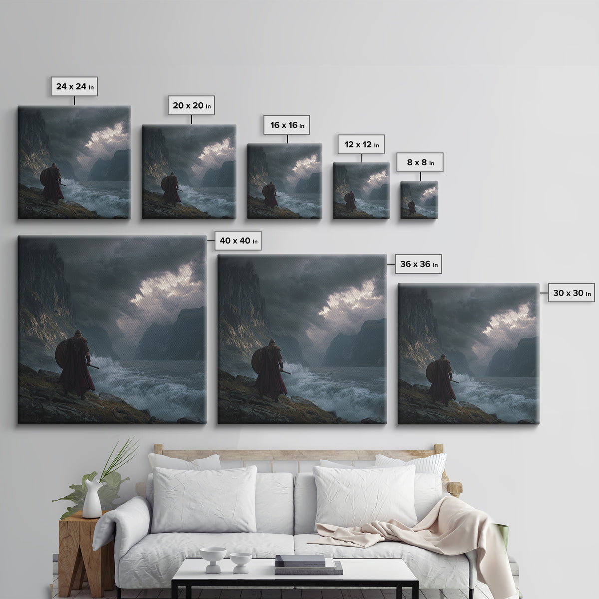 Viking Warrior Over Stormy Fjord Wall Art, Nordic Landscape Canvas Print, Moody Seascape, Nautical Decor, Gift For Him, Coastal Wall Art