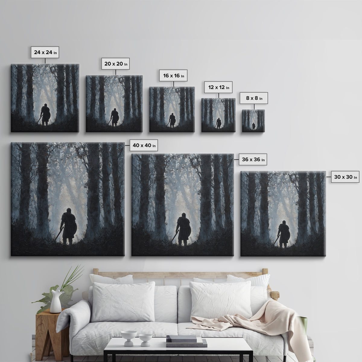 Dark Warrior In Misty Forest Wall Art, Medieval Fantasy Oil Painting, Moody Landscape Print, Gothic Home Decor Gift For Him
