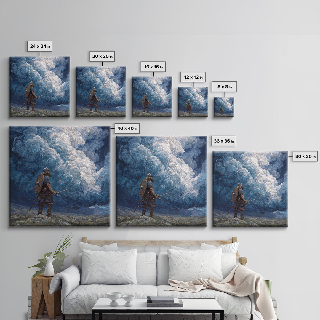 Viking Warrior Beneath Storm Clouds Wall Art, Nordic Fantasy Landscape, Dramatic Blue Canvas Print, Masculine Rustic Decor