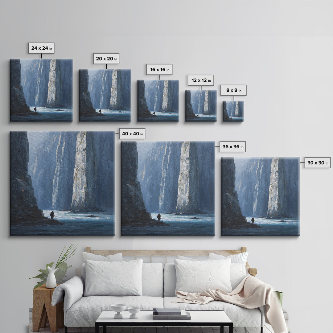 Lone Traveler In Blue Canyon Canvas Print, Misty Cliff Landscape Painting, Moody Nature Wall Art For Living Room Decor Gift