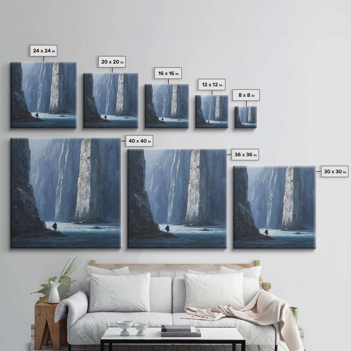 Lone Traveler In Blue Canyon Canvas Print, Misty Cliff Landscape Painting, Moody Nature Wall Art For Living Room Decor Gift