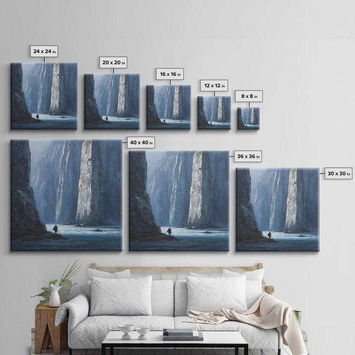 Lone Traveler In Blue Canyon Canvas Print, Misty Cliff Landscape Painting, Moody Nature Wall Art For Living Room Decor Gift