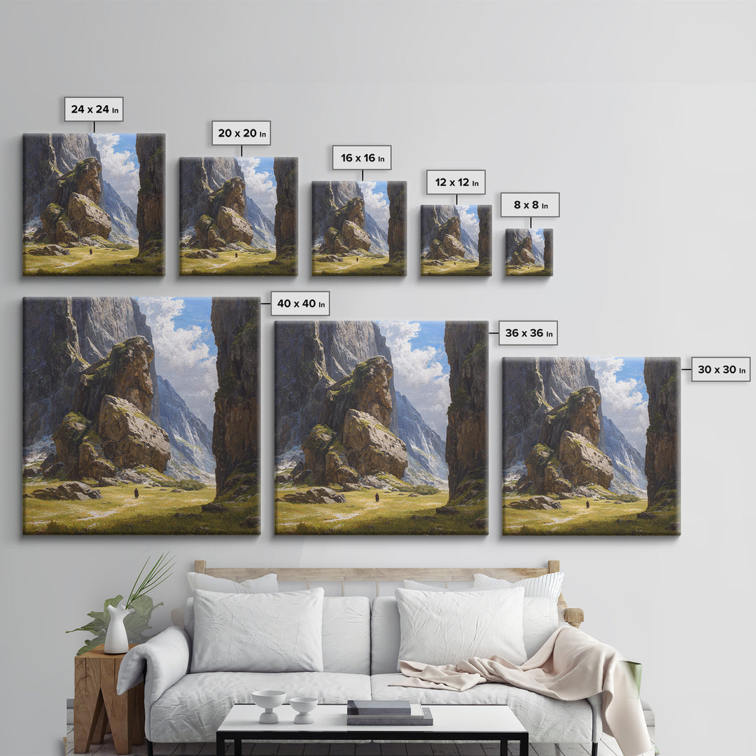 Majestic Alpine Canyon With Lone Traveler Wall Art, Mountain Landscape Painting, Nature Canvas Decor, Large Living Room Art