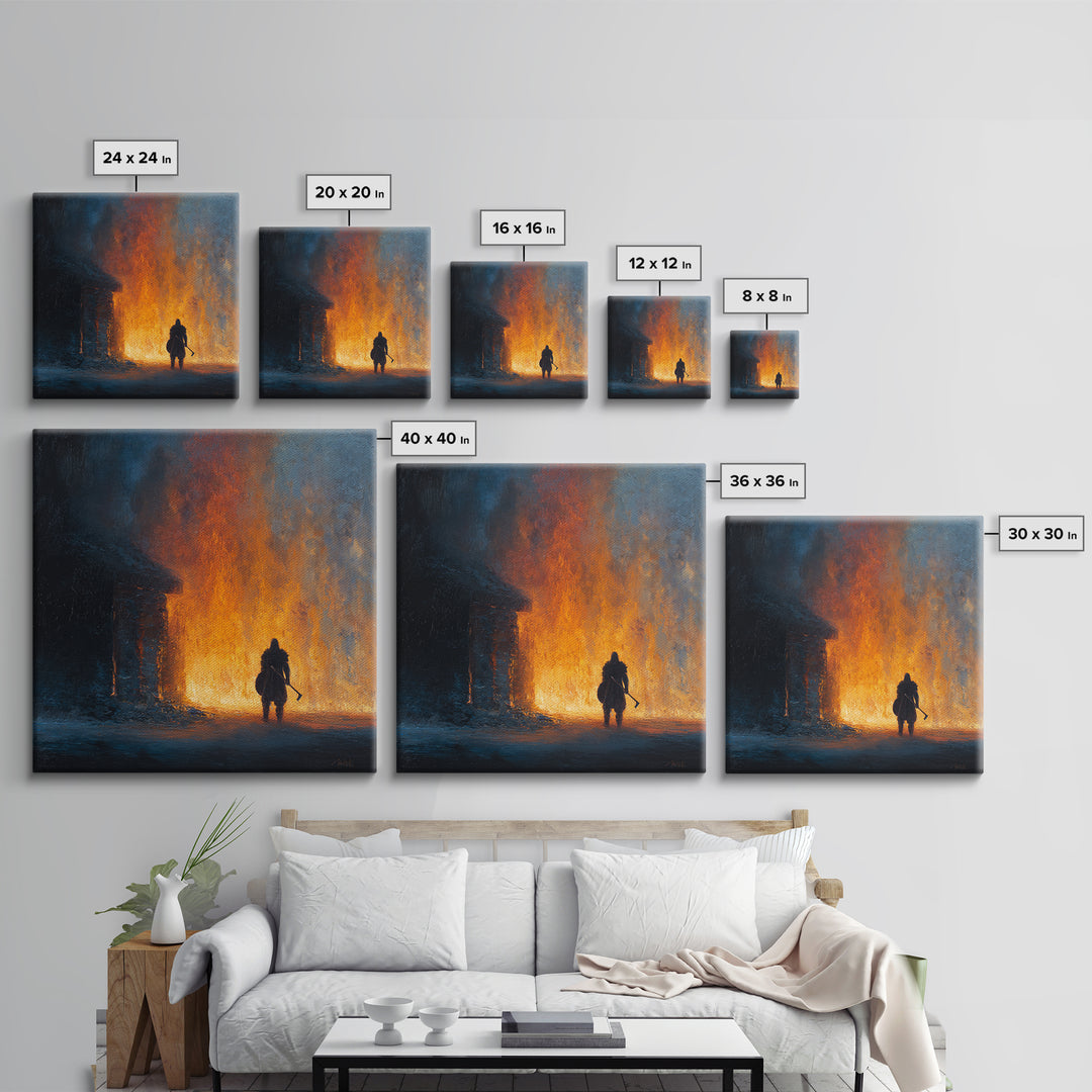 Lone Warrior Before Blazing Hall Wall Art, Dark Fantasy Fire Painting, Medieval Battle Decor, Moody Canvas Art Gift For Him