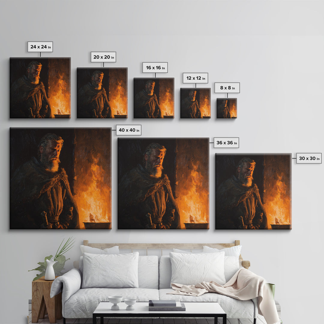 Bearded Viking By Firelight, Moody Warrior Portrait Wall Art, Norse Framed Canvas Print, Rustic Masculine Decor, Gift For Him
