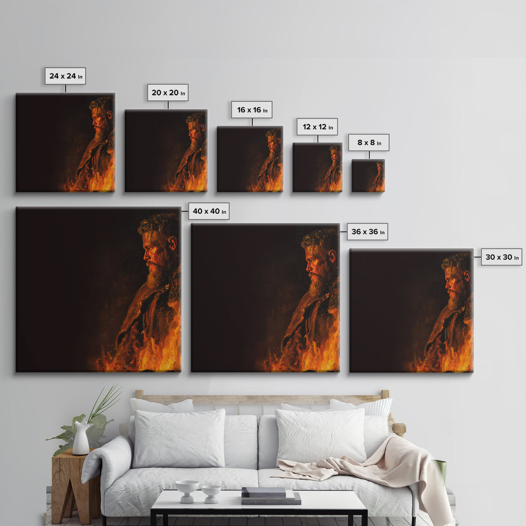 Fiery Viking Warrior Portrait Canvas Print, Bold Dark Norse Painting, Masculine Wall Art, Moody Fantasy Decor Gift For Him