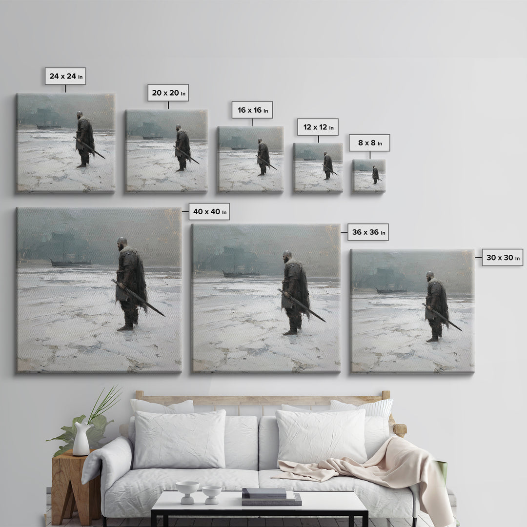Lone Warrior With Sword In Snow Framed Canvas Print, Nordic Winter Landscape, Moody Wall Art, Dark Fantasy Office Decor Gift