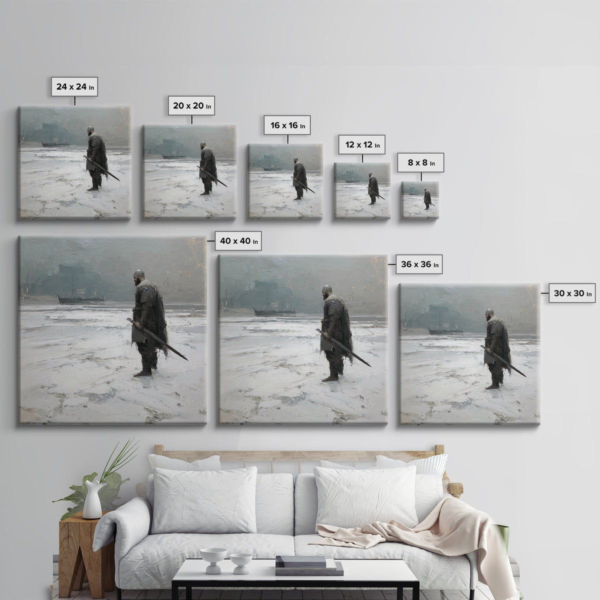 Lone Warrior With Sword In Snow Framed Canvas Print, Nordic Winter Landscape, Moody Wall Art, Dark Fantasy Office Decor Gift