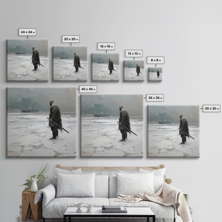 Lone Warrior With Sword In Snow Framed Canvas Print, Nordic Winter Landscape, Moody Wall Art, Dark Fantasy Office Decor Gift