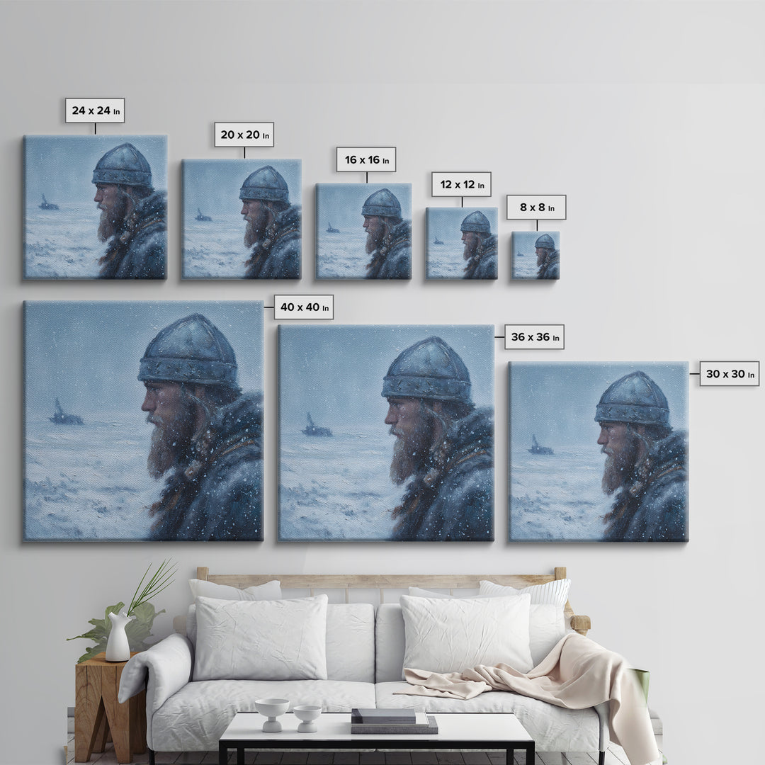 Snowy Viking Warrior Profile Wall Art, Nordic Winter Seascape Oil Painting, Norse Mythology Decor, Masculine Art Print Gift