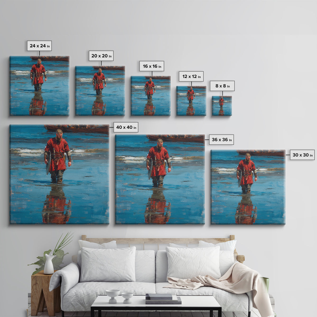 Red Viking Warrior On Shore Canvas Print, Medieval Seascape Oil Painting, Norse Wall Decor, Coastal Masculine Gift For Him