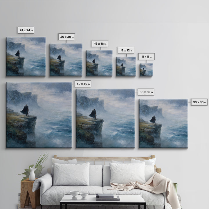 Cloaked Wanderer On Misty Sea Cliff Wall Art, Moody Coastal Landscape Oil Painting, Nordic Fantasy Home Decor For Living Room
