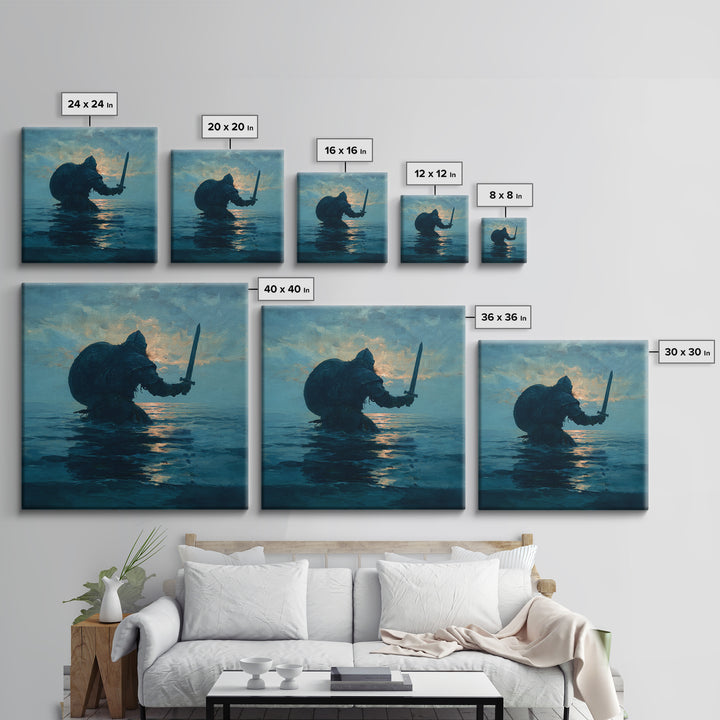 Lone Warrior Rising From The Sea Wall Art, Blue Ocean Sword Painting, Mythic Coastal Canvas Print For Dramatic Living Room Decor