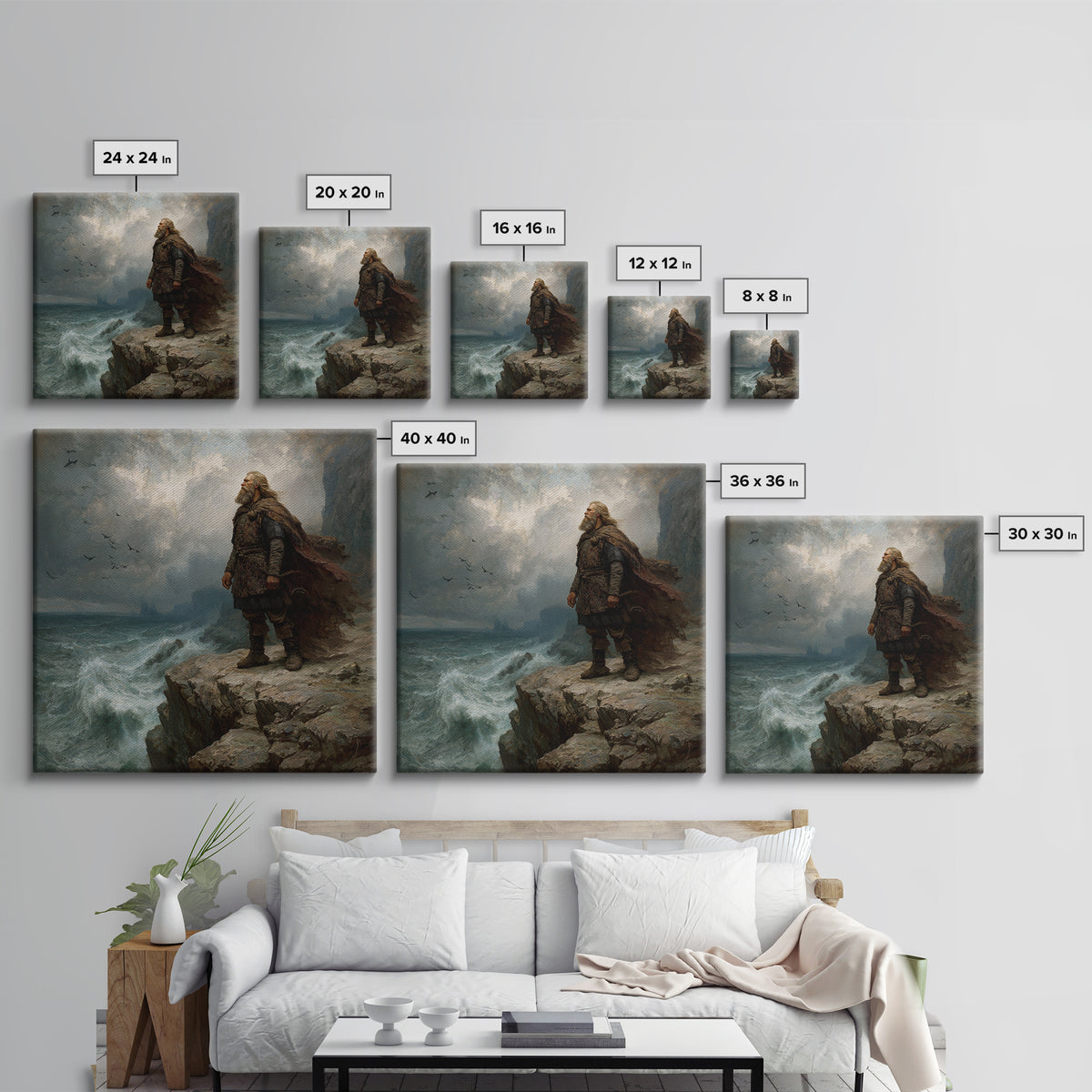 Viking Chieftain On Stormy Sea Cliff Wall Art, Moody Norse Coastal Painting, Dramatic Landscape Art, Masculine Office Decor