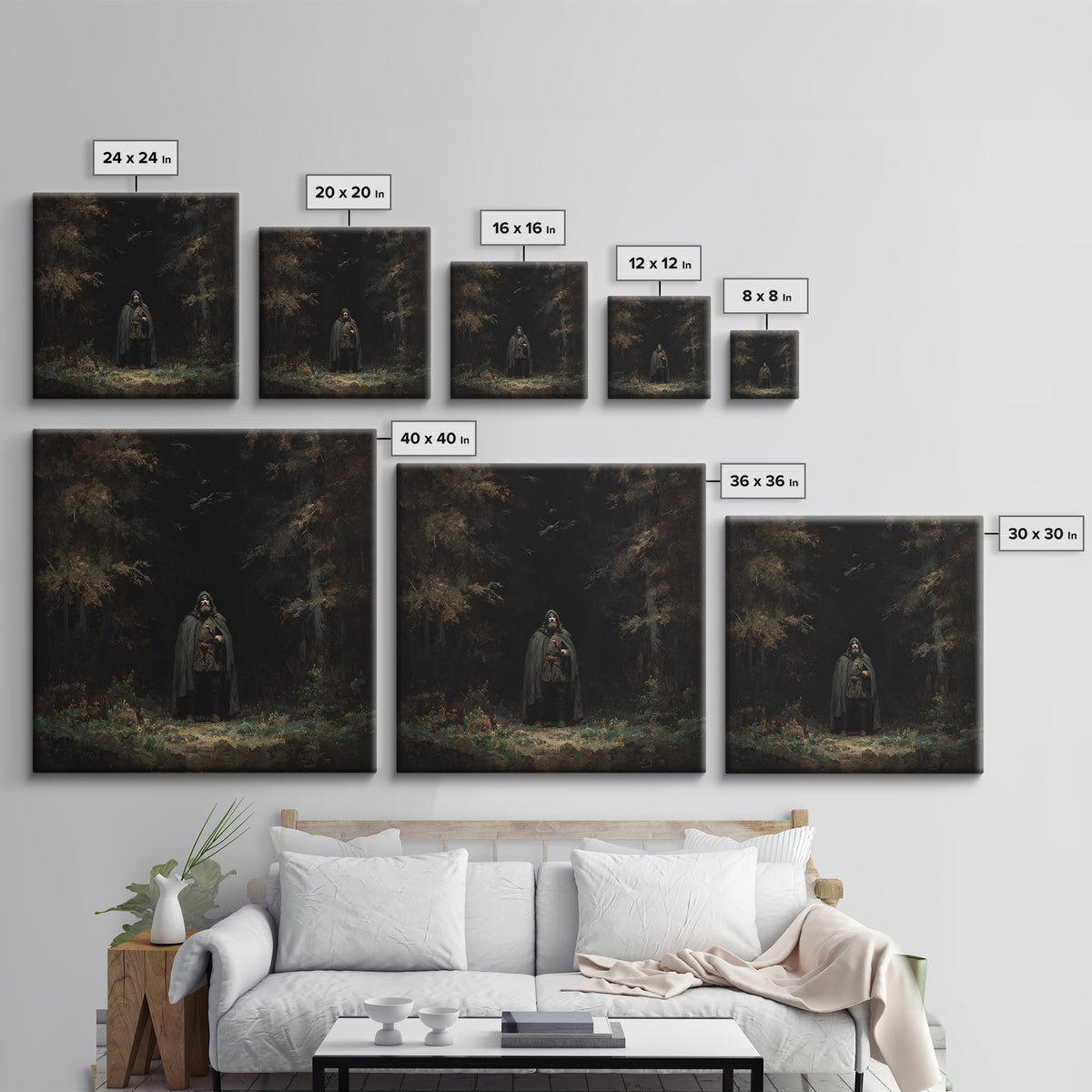 Hooded Wanderer In Dark Forest Wall Art, Raven Gothic Landscape Painting, Moody Fantasy Canvas Print For Dark Academia Decor