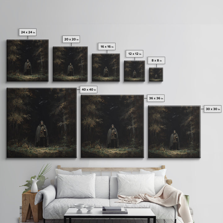 Hooded Wanderer In Dark Forest Wall Art, Raven Gothic Landscape Painting, Moody Fantasy Canvas Print For Dark Academia Decor
