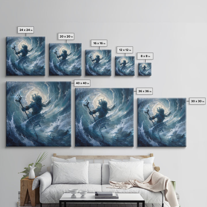 Poseidon Rising From Stormy Ocean Canvas Print, Mythological Wall Art, Nautical Fantasy Decor, Blue Coastal Artwork, Sea God Art