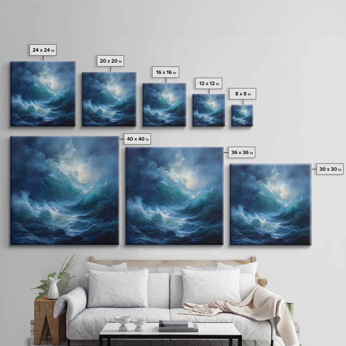 Dramatic Blue Ocean Wave Wall Art, Abstract Seascape Oil Painting, Coastal Canvas Decor, Large Living Room Art Print For Home Decor