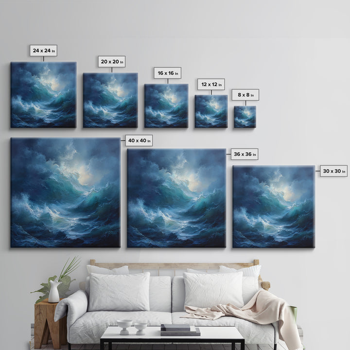 Dramatic Blue Ocean Wave Wall Art, Abstract Seascape Oil Painting, Coastal Canvas Decor, Large Living Room Art Print For Home Decor