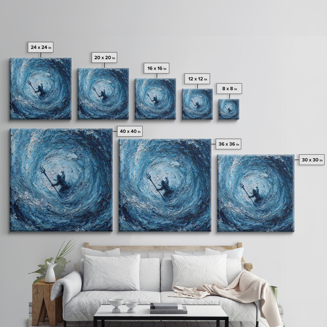 Poseidon In Blue Ocean Vortex Wall Art, Textured Impasto Canvas Print, Mythology Decor, Coastal Abstract Seascape Painting