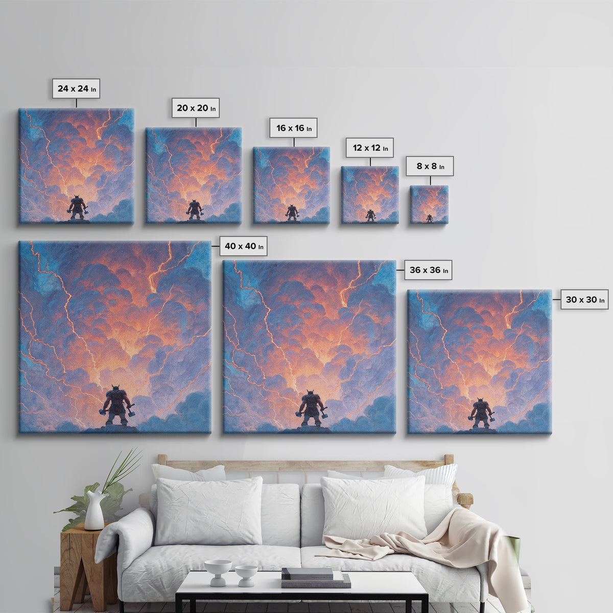 Thor Like Warrior Under Lightning Wall Art, Norse Mythology Storm Painting, Fantasy Canvas Print, Dramatic Game Room Decor