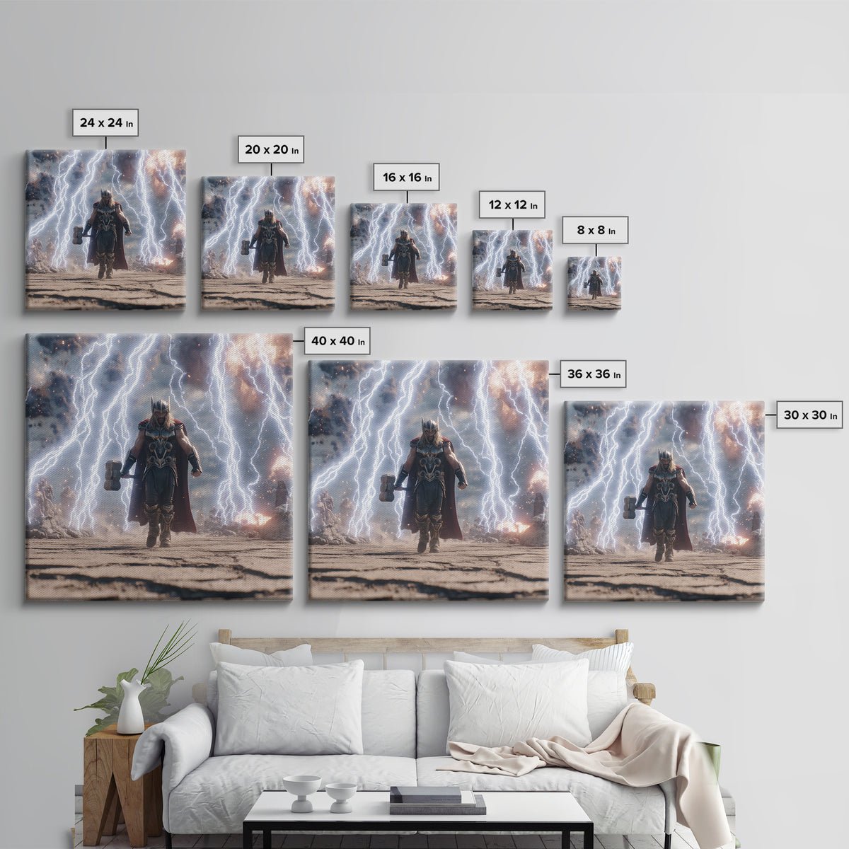 Thunder God With Hammer And Lightning Wall Art, Norse Mythology Canvas Print, Fantasy Warrior Decor, Gift For Him, Gaming Room Art