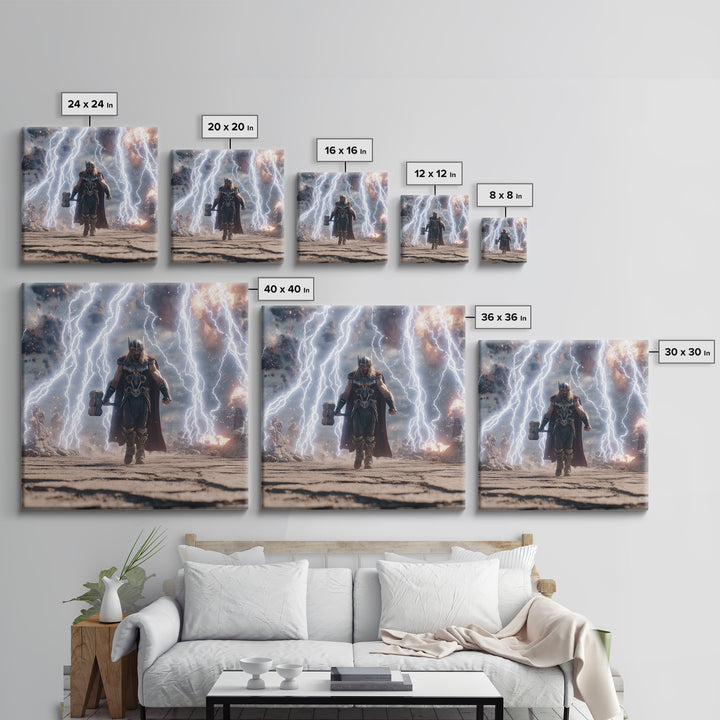 Thunder God With Hammer And Lightning Wall Art, Norse Mythology Canvas Print, Fantasy Warrior Decor, Gift For Him, Gaming Room Art