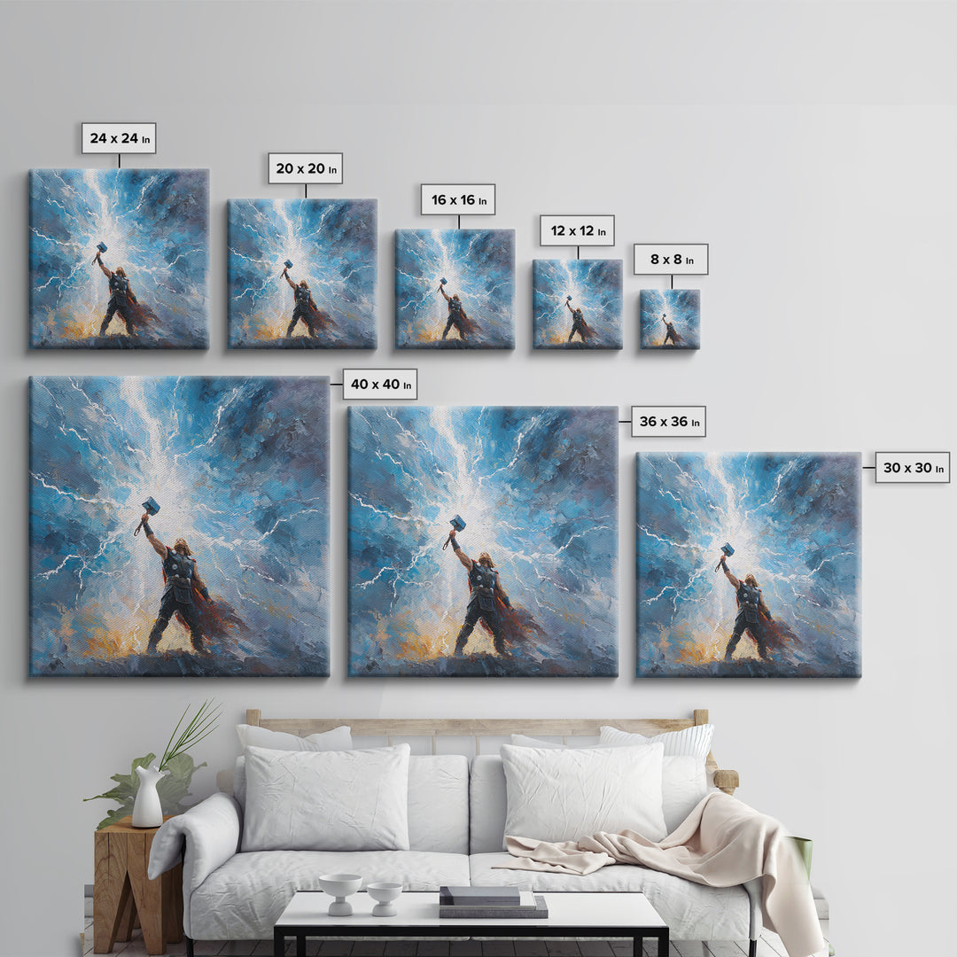 Thunder God Raising Hammer Wall Art, Norse Mythology Canvas Print, Lightning Storm Oil Painting, Viking Decor Gift For Him