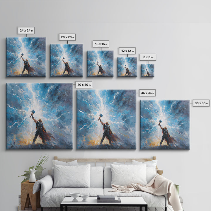 Thunder God Raising Hammer Wall Art, Norse Mythology Canvas Print, Lightning Storm Oil Painting, Viking Decor Gift For Him