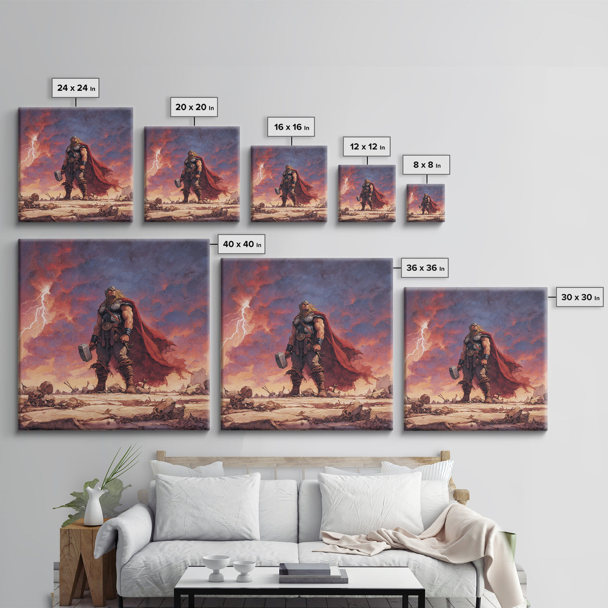 Thunder God With Hammer And Stormy Lightning Sky, Epic Viking Canvas Print, Norse Mythology Wall Art, Fantasy Warrior Decor