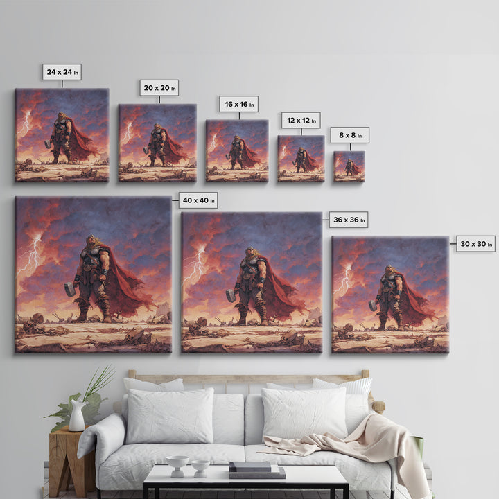 Thunder God With Hammer And Stormy Lightning Sky, Epic Viking Canvas Print, Norse Mythology Wall Art, Fantasy Warrior Decor