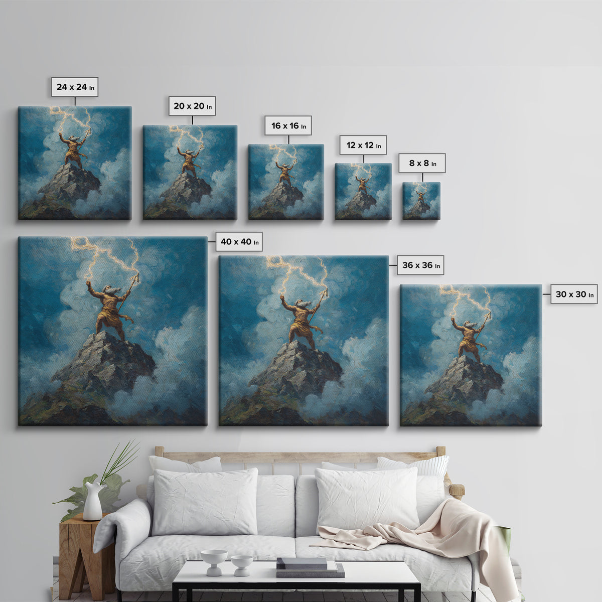 Thunder God Raising Lightning On Mountain Peak Wall Art, Mythological Art Print, Fantasy Art, Dramatic Office Decor, Gift