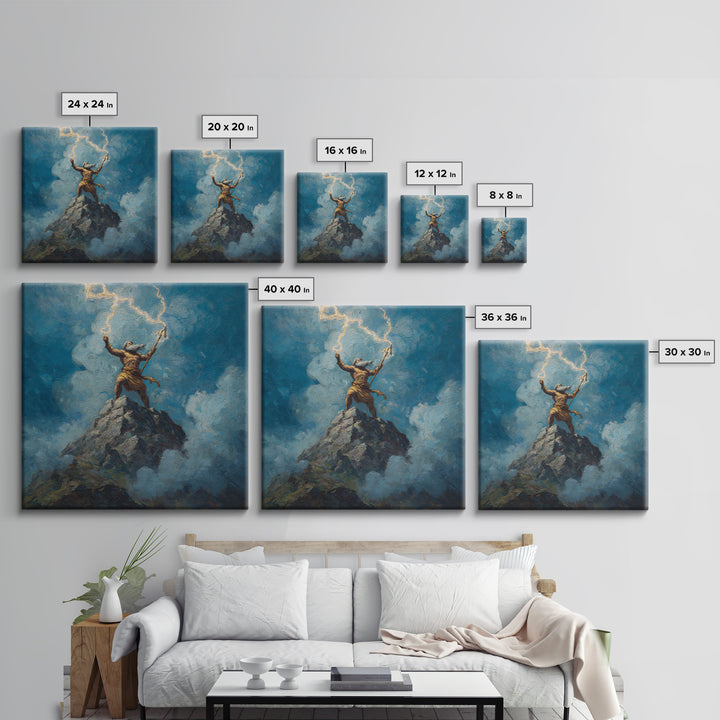 Thunder God Raising Lightning On Mountain Peak Wall Art, Mythological Art Print, Fantasy Art, Dramatic Office Decor, Gift